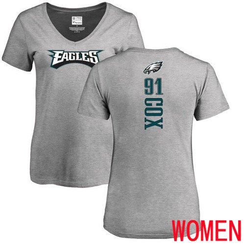 Women Philadelphia Eagles #91 Fletcher Cox Ash Backer V-Neck NFL T Shirt